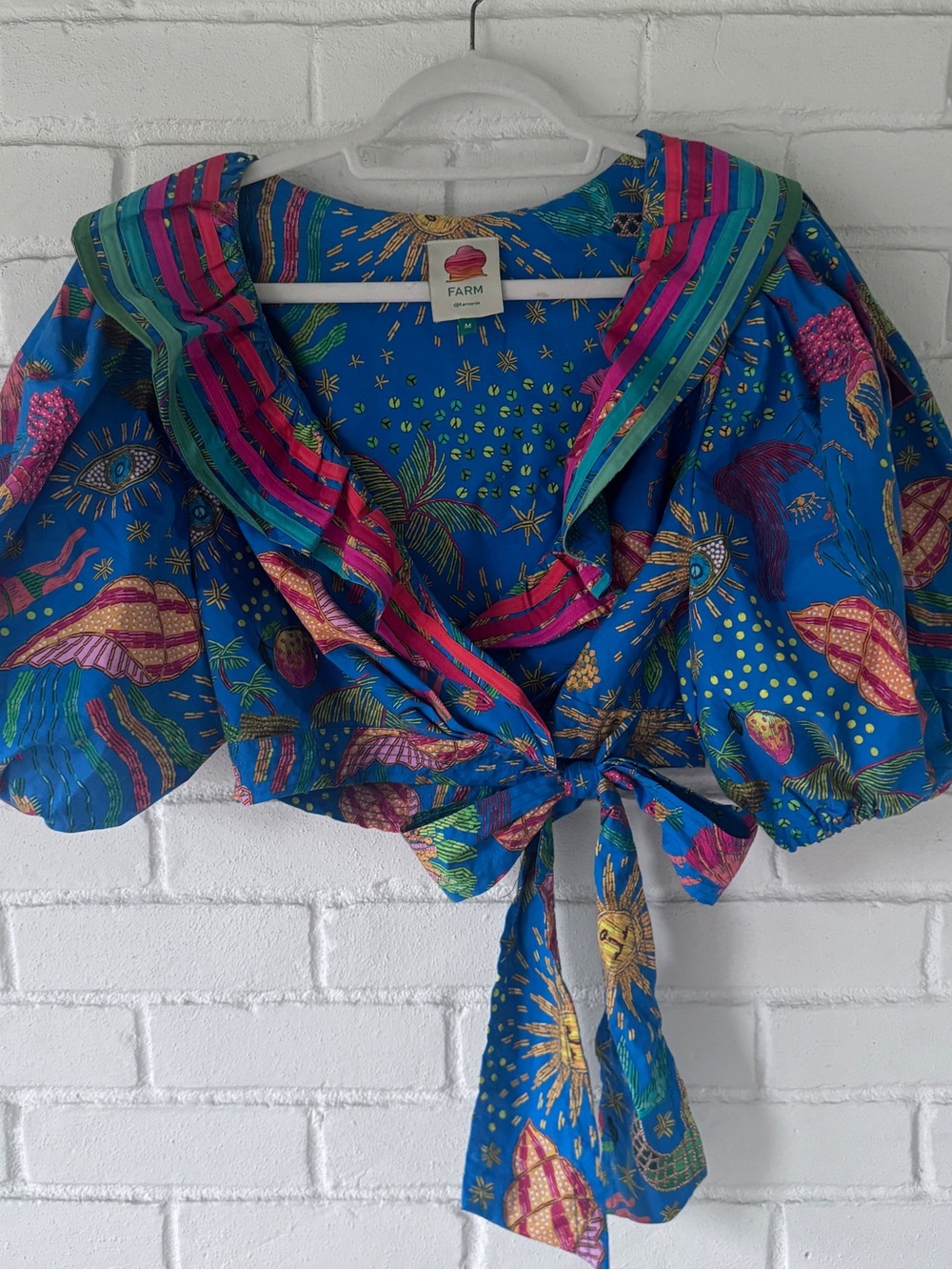 FARM RIO • Blue Tropical Tie-Front Puff Sleeve Top • Size MEDIUM